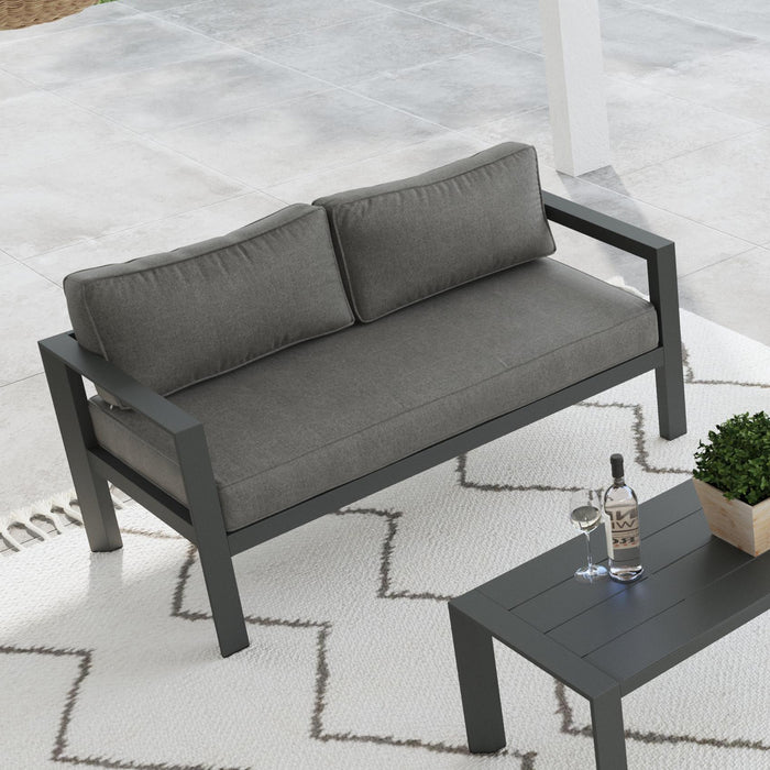 Grayton Outdoor Aluminum Loveseat with Lounge Chairs and Coffee Table
